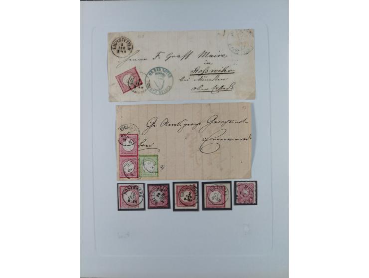 1850/72 (ca.), interessante Stempelsammlung auf Marken, Briefstücken und Briefen, dabei blaue und rote Nummernstempel, Fremde