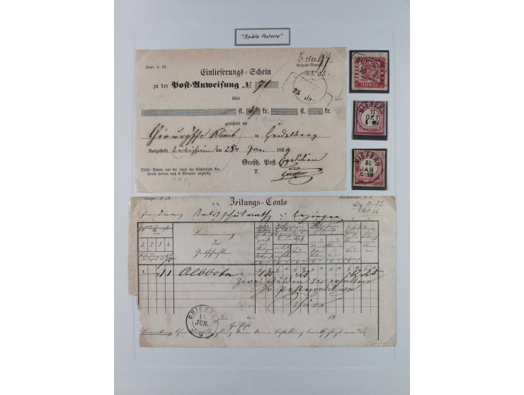 1850/72 (ca.), interessante Stempelsammlung auf Marken, Briefstücken und Briefen, dabei blaue und rote Nummernstempel, Fremde
