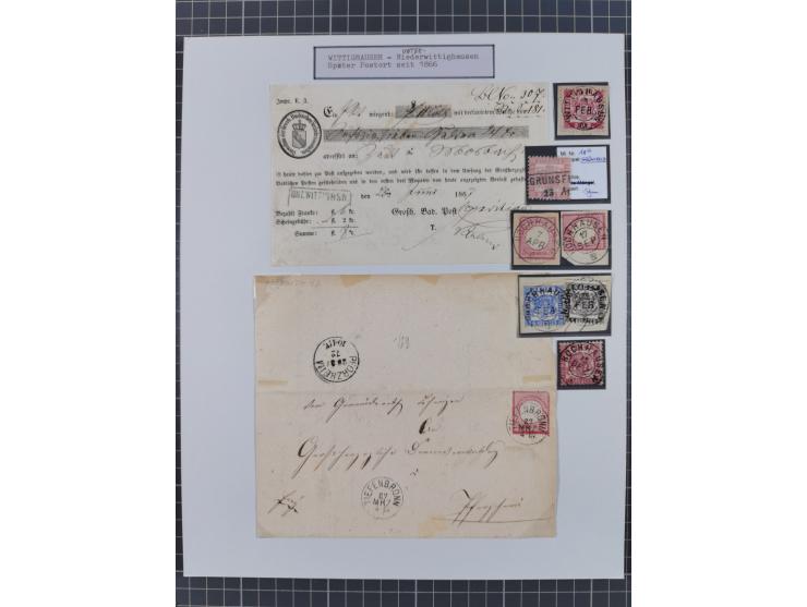 1850/72 (ca.), interessante Stempelsammlung auf Marken, Briefstücken und Briefen, dabei blaue und rote Nummernstempel, Fremde