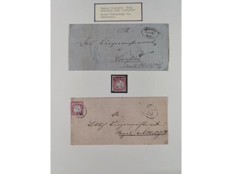 1850/72 (ca.), interessante Stempelsammlung auf Marken, Briefstücken und Briefen, dabei blaue und rote Nummernstempel, Fremde