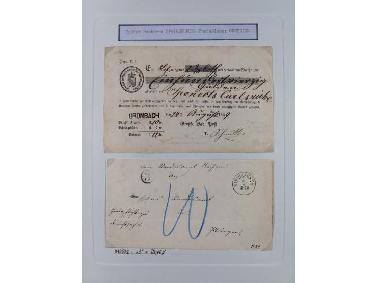 1850/72 (ca.), interessante Stempelsammlung auf Marken, Briefstücken und Briefen, dabei blaue und rote Nummernstempel, Fremde