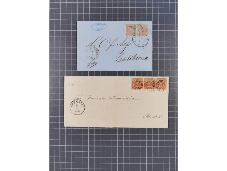 1858/73, 3 covers with multiple frankings and cover with 3 colour-mixed franking to London, 2 with certificates