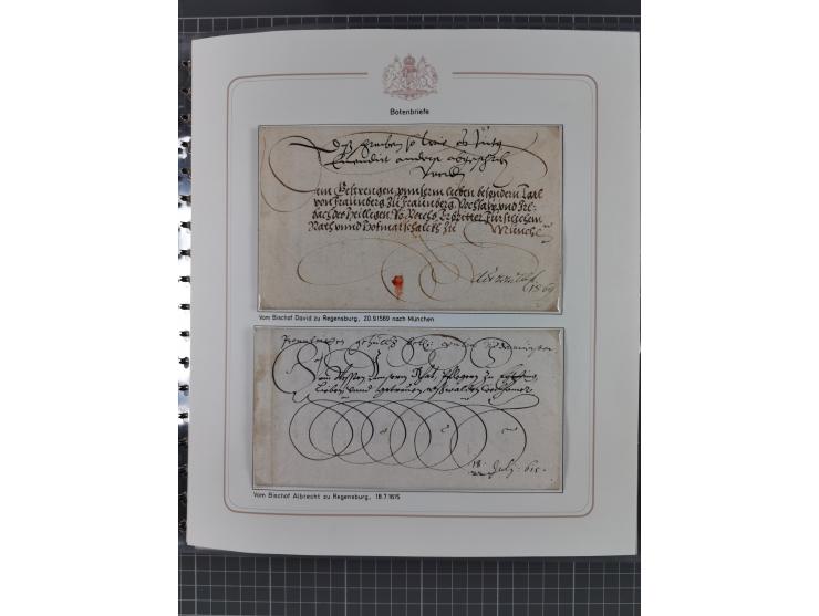 1569/1843 (ca.), aufgezogene Sammlung mit rund 150 Vorphila Briefen sowie einigen Dokumenten, Reisescheinen, etc., dabei blau