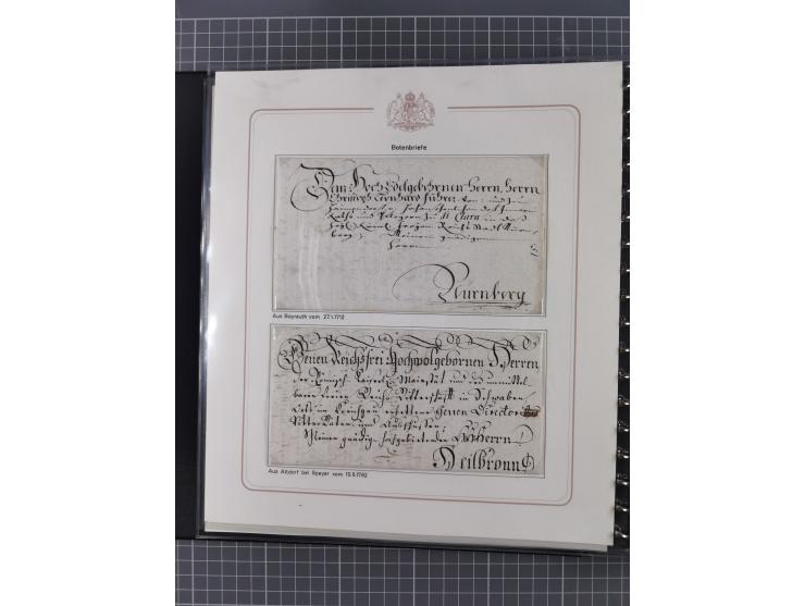 1569/1843 (ca.), aufgezogene Sammlung mit rund 150 Vorphila Briefen sowie einigen Dokumenten, Reisescheinen, etc., dabei blau