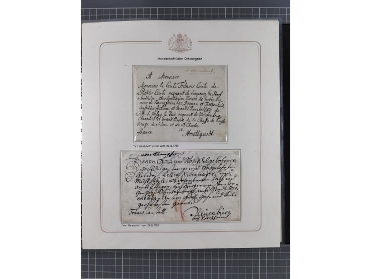 1569/1843 (ca.), aufgezogene Sammlung mit rund 150 Vorphila Briefen sowie einigen Dokumenten, Reisescheinen, etc., dabei blau