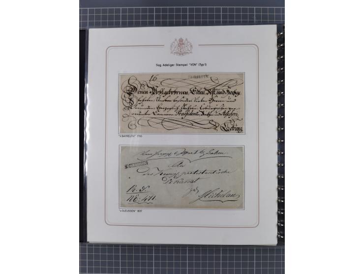 1569/1843 (ca.), aufgezogene Sammlung mit rund 150 Vorphila Briefen sowie einigen Dokumenten, Reisescheinen, etc., dabei blau