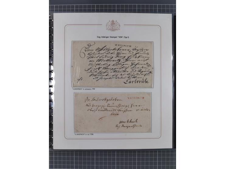 1569/1843 (ca.), aufgezogene Sammlung mit rund 150 Vorphila Briefen sowie einigen Dokumenten, Reisescheinen, etc., dabei blau