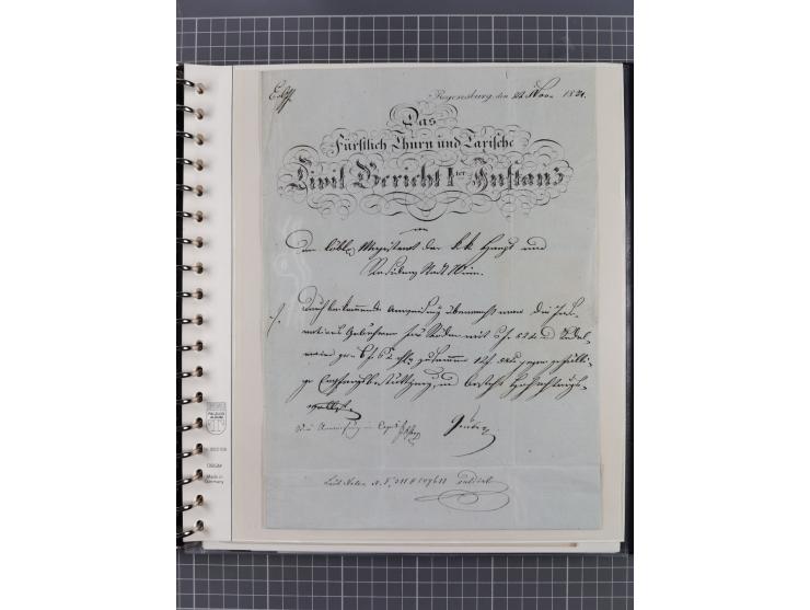 1569/1843 (ca.), aufgezogene Sammlung mit rund 150 Vorphila Briefen sowie einigen Dokumenten, Reisescheinen, etc., dabei blau