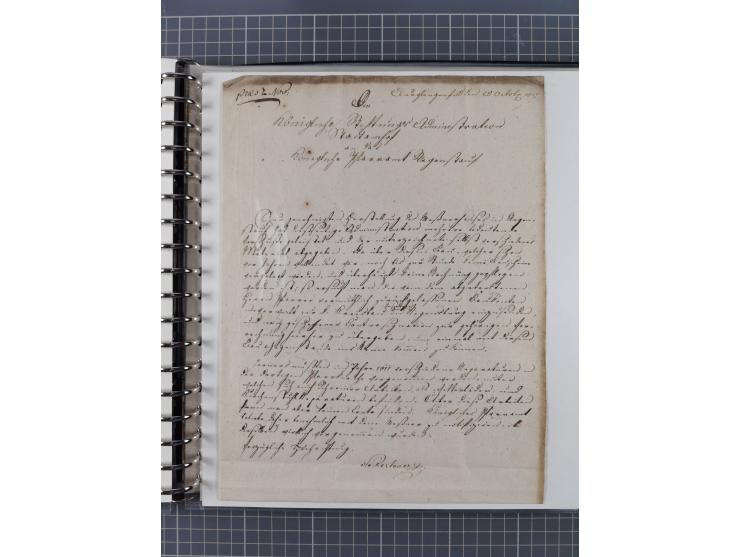 1569/1843 (ca.), aufgezogene Sammlung mit rund 150 Vorphila Briefen sowie einigen Dokumenten, Reisescheinen, etc., dabei blau