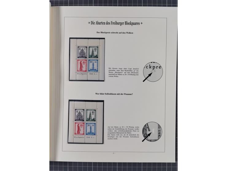 1949, postfrische Partie “Abarten des Freiburger Blockpaares”, dabei Blocks Mi.-Nr. 1A (12) und 1B (15) sowie ein gefälligkei