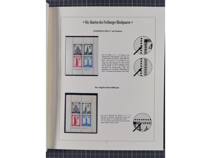 1949, postfrische Partie “Abarten des Freiburger Blockpaares”, dabei Blocks Mi.-Nr. 1A (12) und 1B (15) sowie ein gefälligkei