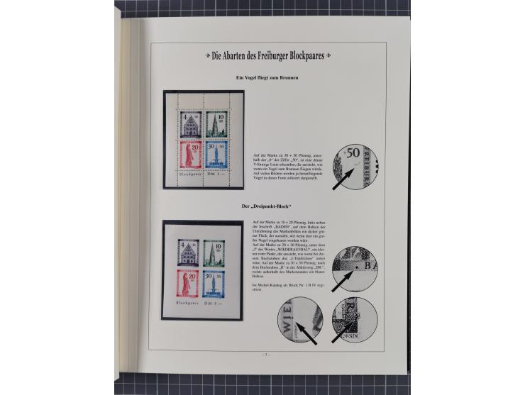 1949, postfrische Partie “Abarten des Freiburger Blockpaares”, dabei Blocks Mi.-Nr. 1A (12) und 1B (15) sowie ein gefälligkei