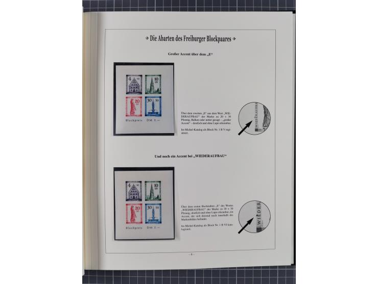 1949, postfrische Partie “Abarten des Freiburger Blockpaares”, dabei Blocks Mi.-Nr. 1A (12) und 1B (15) sowie ein gefälligkei