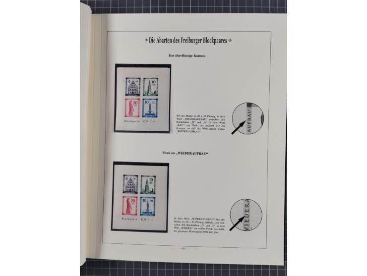 1949, postfrische Partie “Abarten des Freiburger Blockpaares”, dabei Blocks Mi.-Nr. 1A (12) und 1B (15) sowie ein gefälligkei