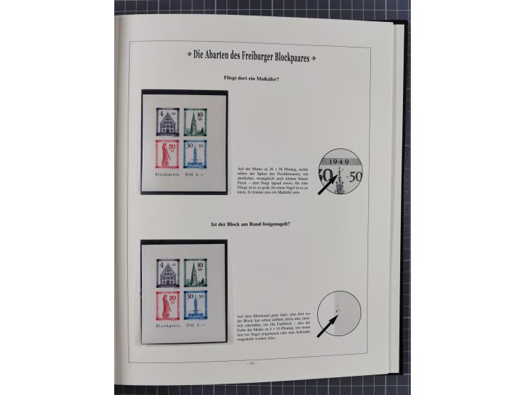 1949, postfrische Partie “Abarten des Freiburger Blockpaares”, dabei Blocks Mi.-Nr. 1A (12) und 1B (15) sowie ein gefälligkei