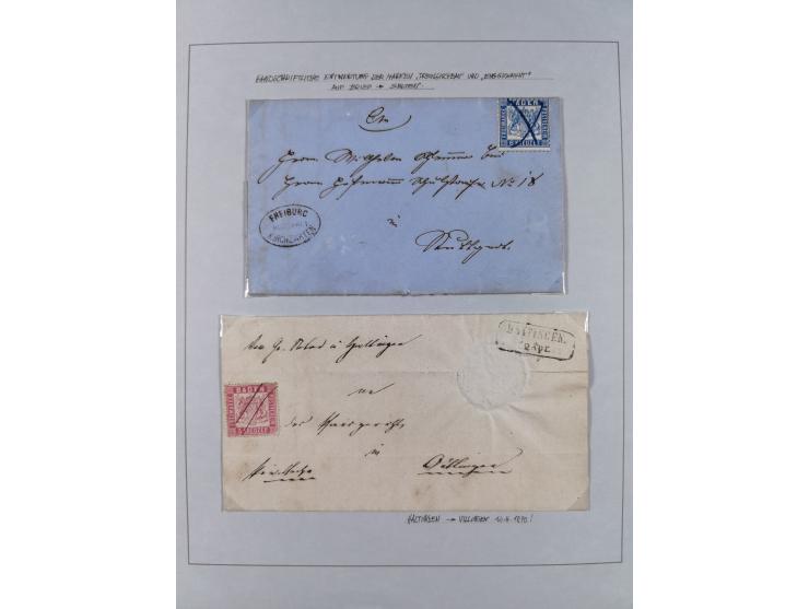 1851/71, interessante Sammlung 'Besonderheiten', dabei handschriftliche Entwertungen, doppelt und blanko abgeschlagene Nummer