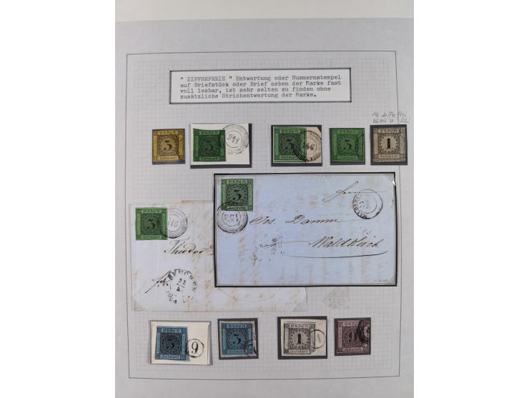 1851/71, interessante Sammlung 'Besonderheiten', dabei handschriftliche Entwertungen, doppelt und blanko abgeschlagene Nummer