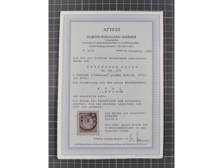 1872/74, gestempelte kleine Partie auf Albumsblättern, dabei Mi. 24, 27b(2) und 28, einige Plattenfehler, etc. 5 Atteste und 