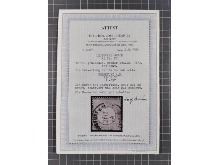 1872/74, gestempelte kleine Partie auf Albumsblättern, dabei Mi. 24, 27b(2) und 28, einige Plattenfehler, etc. 5 Atteste und 