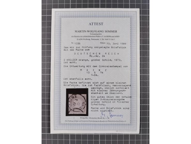 1872/74, gestempelte kleine Partie auf Albumsblättern, dabei Mi. 24, 27b(2) und 28, einige Plattenfehler, etc. 5 Atteste und 