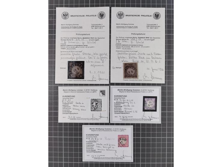 1872/74, gestempelte kleine Partie auf Albumsblättern, dabei Mi. 24, 27b(2) und 28, einige Plattenfehler, etc. 5 Atteste und 