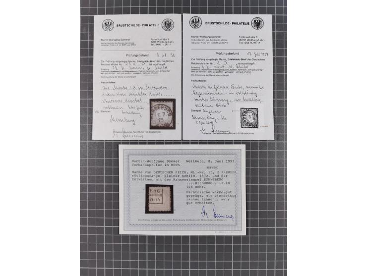 1872/74, gestempelte kleine Partie auf Albumsblättern, dabei Mi. 24, 27b(2) und 28, einige Plattenfehler, etc. 5 Atteste und 