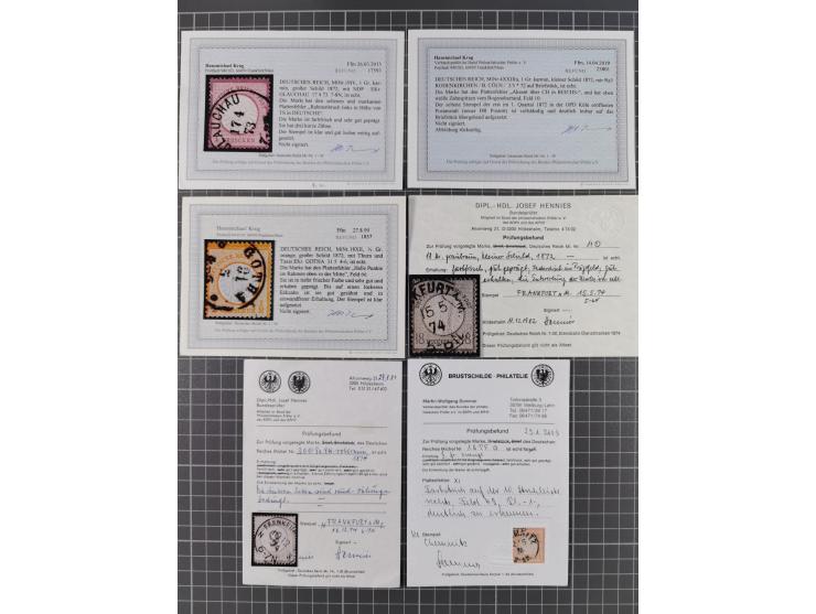 1872/74, gestempelte kleine Partie auf Albumsblättern, dabei Mi. 24, 27b(2) und 28, einige Plattenfehler, etc. 5 Atteste und 