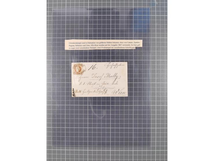 1867, Kaiser Franz Josef Ausgabe Briefsammlung mit 63 Briefen und Karten, bessere Stempel und Entwertungen, dabei 3-Farbfrank