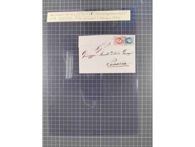 1867, Kaiser Franz Josef Ausgabe Briefsammlung mit 63 Briefen und Karten, bessere Stempel und Entwertungen, dabei 3-Farbfrank