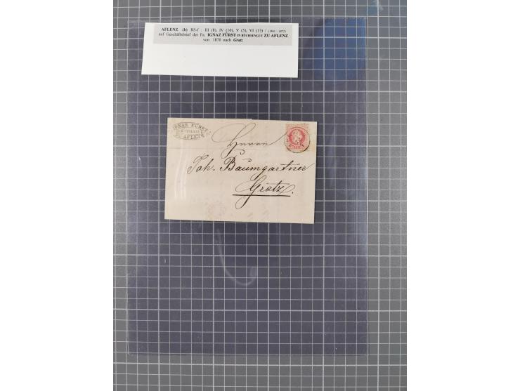 1867, Kaiser Franz Josef Ausgabe Briefsammlung mit 63 Briefen und Karten, bessere Stempel und Entwertungen, dabei 3-Farbfrank