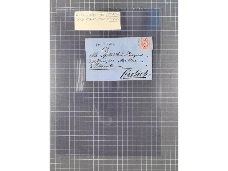 1867, Kaiser Franz Josef Ausgabe Briefsammlung mit 63 Briefen und Karten, bessere Stempel und Entwertungen, dabei 3-Farbfrank