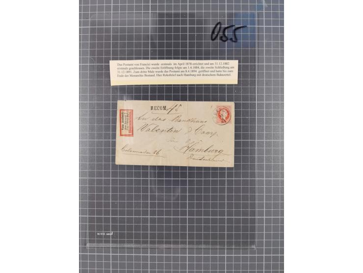 1867, Kaiser Franz Josef Ausgabe Briefsammlung mit 63 Briefen und Karten, bessere Stempel und Entwertungen, dabei 3-Farbfrank