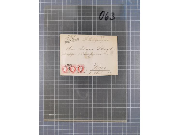 1867, Kaiser Franz Josef Ausgabe Briefsammlung mit 63 Briefen und Karten, bessere Stempel und Entwertungen, dabei 3-Farbfrank
