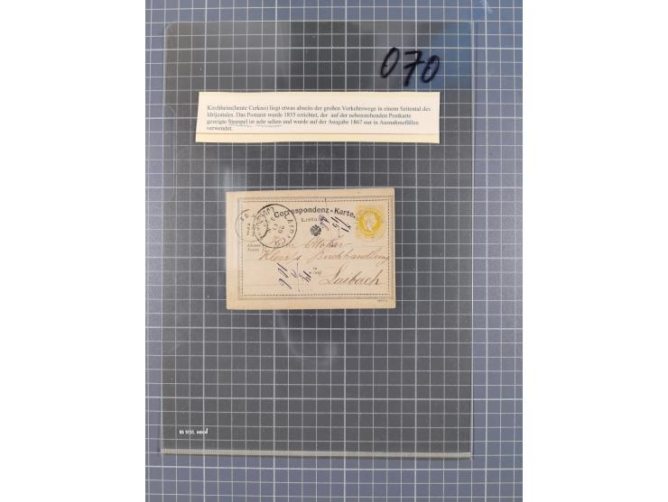 1867, Kaiser Franz Josef Ausgabe Briefsammlung mit 63 Briefen und Karten, bessere Stempel und Entwertungen, dabei 3-Farbfrank