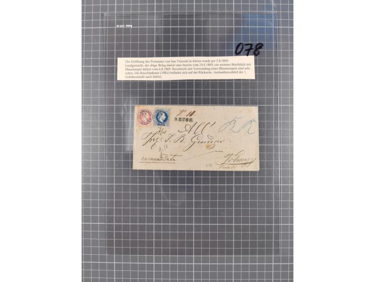 1867, Kaiser Franz Josef Ausgabe Briefsammlung mit 63 Briefen und Karten, bessere Stempel und Entwertungen, dabei 3-Farbfrank