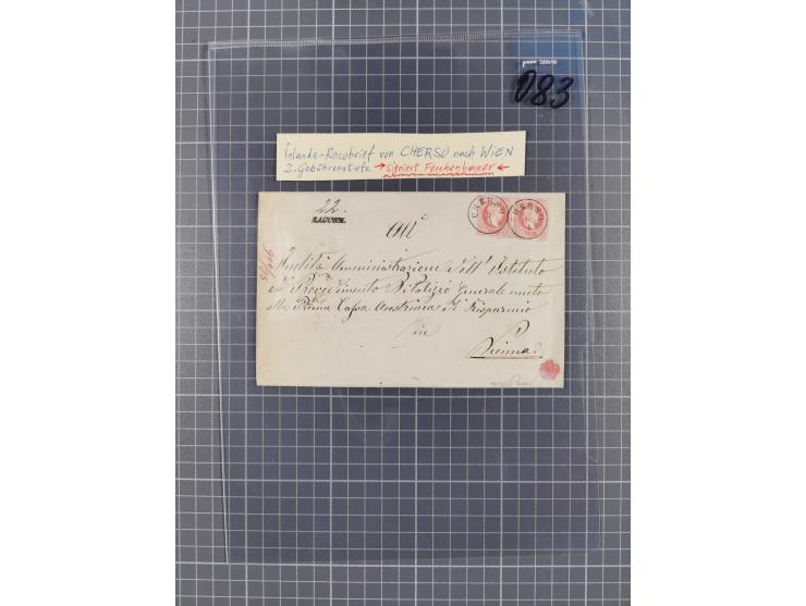 1867, Kaiser Franz Josef Ausgabe Briefsammlung mit 63 Briefen und Karten, bessere Stempel und Entwertungen, dabei 3-Farbfrank