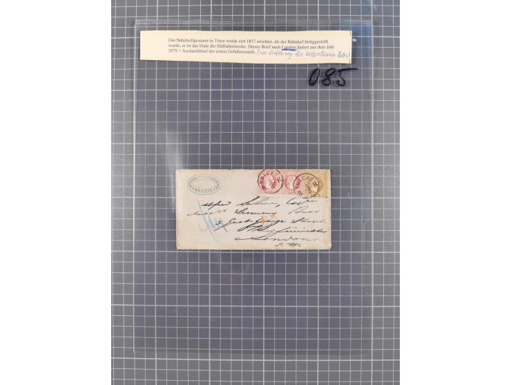 1867, Kaiser Franz Josef Ausgabe Briefsammlung mit 63 Briefen und Karten, bessere Stempel und Entwertungen, dabei 3-Farbfrank