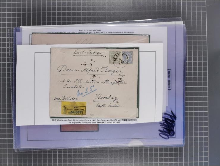 1883, Doppeladler-Ausgabe Briefsammlung mit 43 Briefen und Karten, viele bessere Frankaturen, Auslandsbriefe, Einschreiben, M