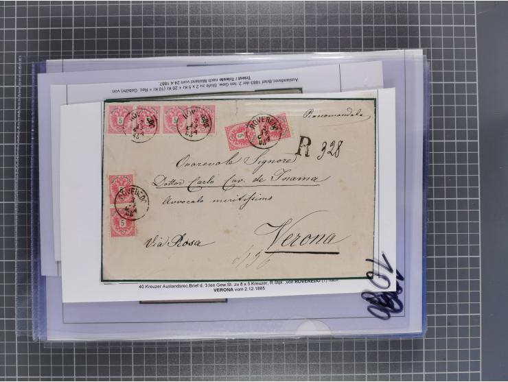 1883, Doppeladler-Ausgabe Briefsammlung mit 43 Briefen und Karten, viele bessere Frankaturen, Auslandsbriefe, Einschreiben, M