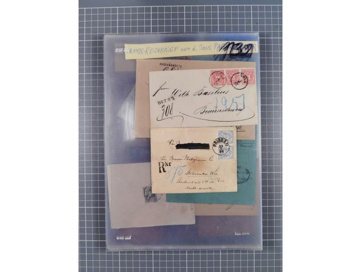 1883, Doppeladler-Ausgabe Briefsammlung mit 43 Briefen und Karten, viele bessere Frankaturen, Auslandsbriefe, Einschreiben, M