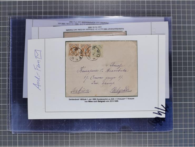 1883, Doppeladler-Ausgabe Briefsammlung mit 43 Briefen und Karten, viele bessere Frankaturen, Auslandsbriefe, Einschreiben, M