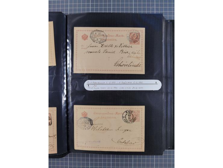 1879/1918, Ganzsachensammlung im Album mit Antwortkarten und Kartenbriefen, insgesamt über 60 Stück. Doppelzensurkarte nach K