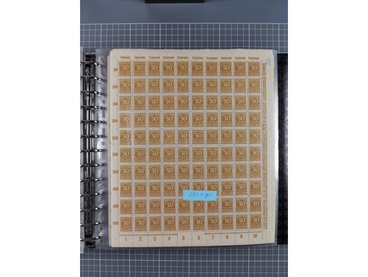 1900/23, reichhaltige und umfangreiche Bogensammlung in 9 Alben, vielfach spezialisiert nach Plattennummern, Farben und Typen