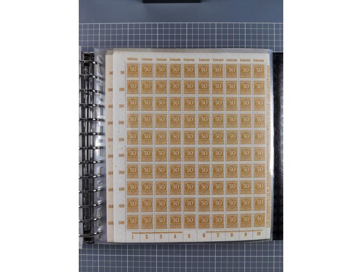 1900/23, reichhaltige und umfangreiche Bogensammlung in 9 Alben, vielfach spezialisiert nach Plattennummern, Farben und Typen