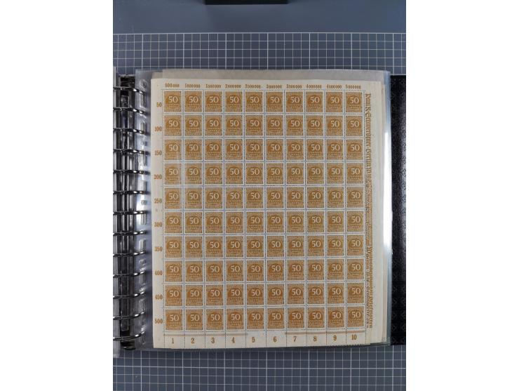 1900/23, reichhaltige und umfangreiche Bogensammlung in 9 Alben, vielfach spezialisiert nach Plattennummern, Farben und Typen