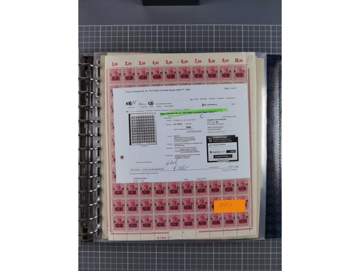 1900/23, reichhaltige und umfangreiche Bogensammlung in 9 Alben, vielfach spezialisiert nach Plattennummern, Farben und Typen