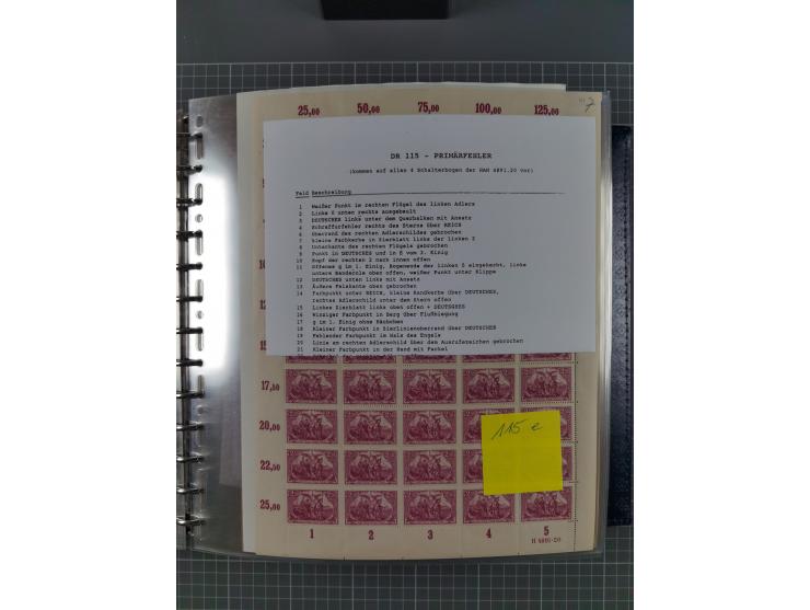 1900/23, reichhaltige und umfangreiche Bogensammlung in 9 Alben, vielfach spezialisiert nach Plattennummern, Farben und Typen
