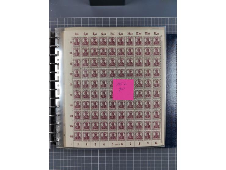 1900/23, reichhaltige und umfangreiche Bogensammlung in 9 Alben, vielfach spezialisiert nach Plattennummern, Farben und Typen