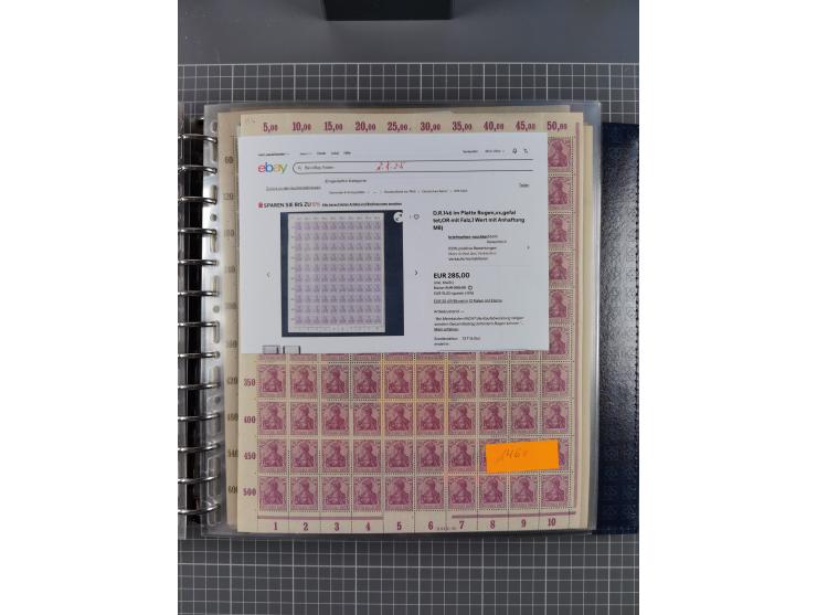 1900/23, reichhaltige und umfangreiche Bogensammlung in 9 Alben, vielfach spezialisiert nach Plattennummern, Farben und Typen