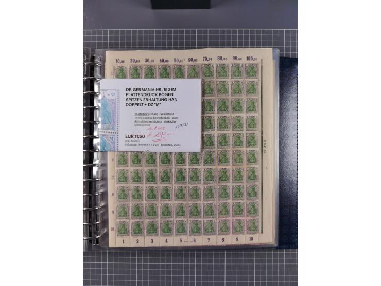 1900/23, reichhaltige und umfangreiche Bogensammlung in 9 Alben, vielfach spezialisiert nach Plattennummern, Farben und Typen